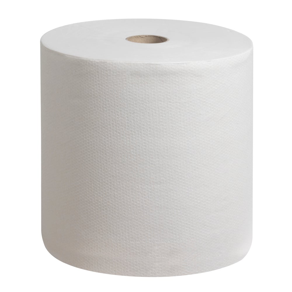 O rolă mare, albă, de prosop Scott® PERFORMANCE de la Kimberly-Clark GmbH stă vertical pe un fundal uni - perfect pentru a promova igiena mâinilor într-un mod ecologic. 6 role pe cutie.