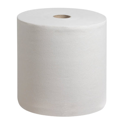 O rolă mare, albă, de prosop Scott® PERFORMANCE de la Kimberly-Clark GmbH stă vertical pe un fundal uni - perfect pentru a promova igiena mâinilor într-un mod ecologic. 6 role pe cutie.