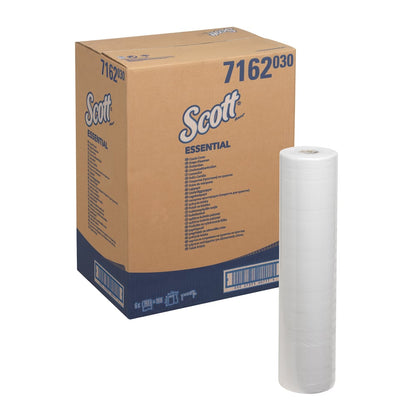 O cutie maro cu inscripția "Scott® ESSENTIAL™ - Alb" de la Kimberly-Clark GmbH este ilustrată cu un singur sul alb. Cutia este prevăzută cu detalii de produs albastre și coduri de bare, fiind ideală pentru utilizarea igienică în unitățile medicale.
