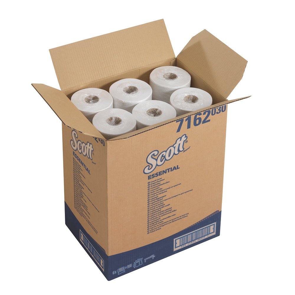 O cutie deschisă cu inscripția "Scott® ESSENTIAL™ - Alb" de la Kimberly-Clark GmbH conține șase role mari albe, ideale ca role medicale pentru unitățile medicale, stând vertical și cu capetele rolelor vizibile.
