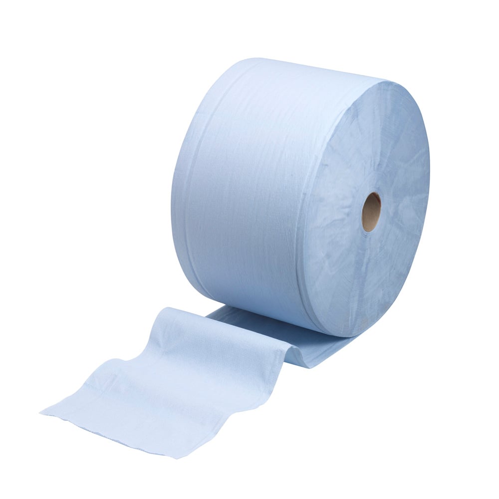 Rola mare WypAll® L30 prezentată în albastru de la Kimberly-Clark GmbH cu 750 de foi este ideală pentru sarcini de curățenie industrială și impresionează prin absorbția ridicată - prezentată pe un fundal alb.
