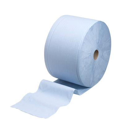 Rola mare WypAll® L30 prezentată în albastru de la Kimberly-Clark GmbH cu 750 de foi este ideală pentru sarcini de curățenie industrială și impresionează prin absorbția ridicată - prezentată pe un fundal alb.