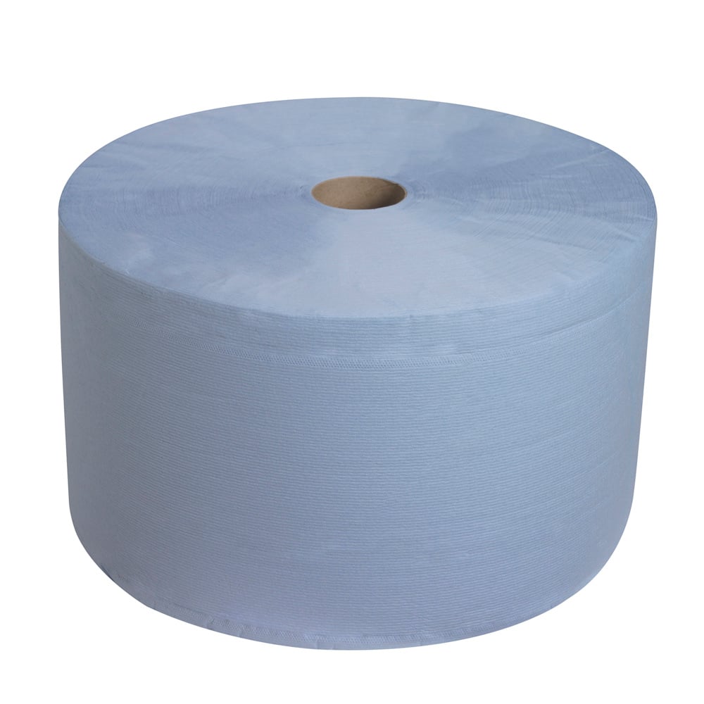 Rola mare WypAll® L30 de la Kimberly-Clark GmbH în albastru cu 750 de șervețele este ideală pentru sarcini de curățenie industrială, deoarece este deosebit de absorbantă. Prezentată pe un fundal alb.
