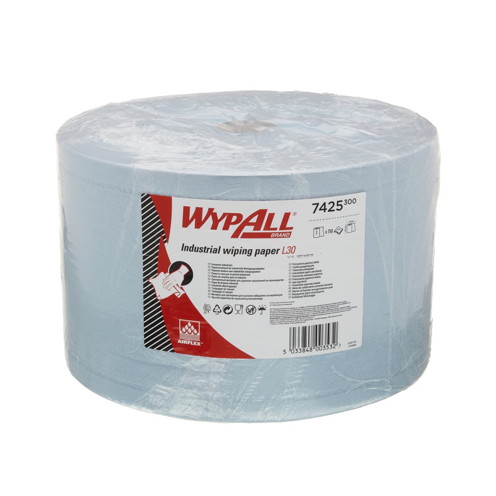 Rola mare de șervețele de hârtie WypAll® L30 de la Kimberly-Clark GmbH în albastru (1 rolă x 750 de foi) este ideală pentru sarcini de curățenie industrială datorită absorbției ridicate și este livrată în folie transparentă cu etichetă.