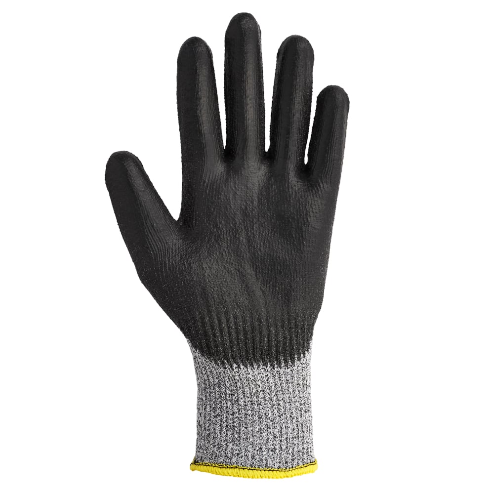 Der Kimberly-Clark GmbH KleenGuard® G60 Endurapro™ Schnittfeste Handschuhe Level 5 in grau & schwarz bietet handspezifischen Schutz mit grauem, texturiertem Bund und gelber Einfassung für erhöhte Sicherheit.