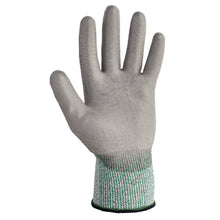 Die KleenGuard® G60 Endurapro™ schnittfeste Handschuhe Level 3 von Kimberly-Clark GmbH in Grau besitzen eine strukturierte Oberfläche und ein grün-weißes Strickbündchen; sie werden aufrecht mit ausgestreckten Fingern präsentiert.