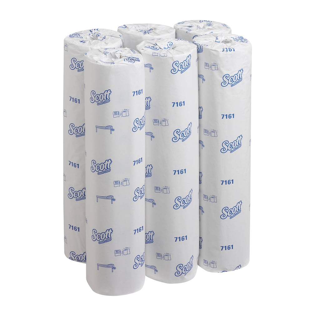 Șase role medicale Scott® ESSENTIAL™ - Alb de la Kimberly-Clark GmbH, în ambalaj alb cu branding albastru și numărul de produs 7161, ambalate individual - soluția igienică ideală pentru zonele medicale.