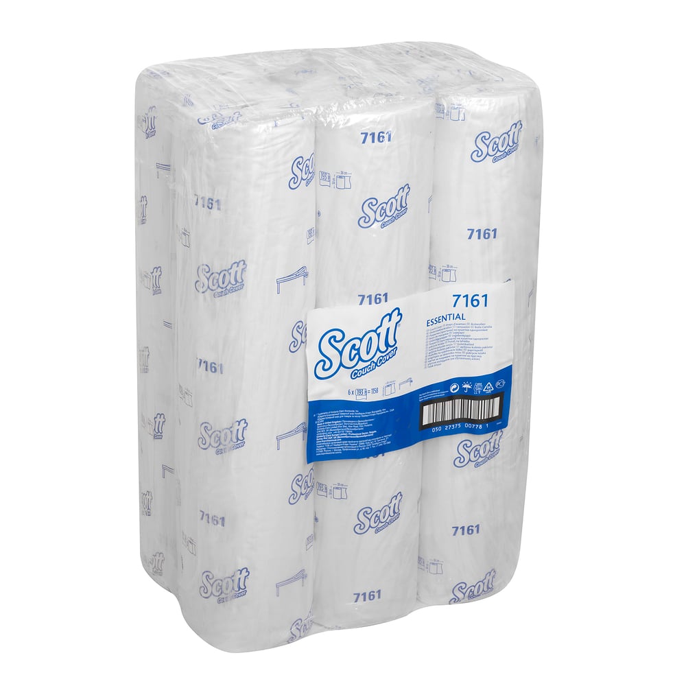 Un pachet mare de role medicale Scott® ESSENTIAL™ - Alb de la Kimberly-Clark GmbH, dezvoltat pentru utilizarea igienică în zonele medicale; marca și detaliile produsului sunt imprimate în albastru, iar rolele sunt stivuite vertical într-un ambalaj transparent.