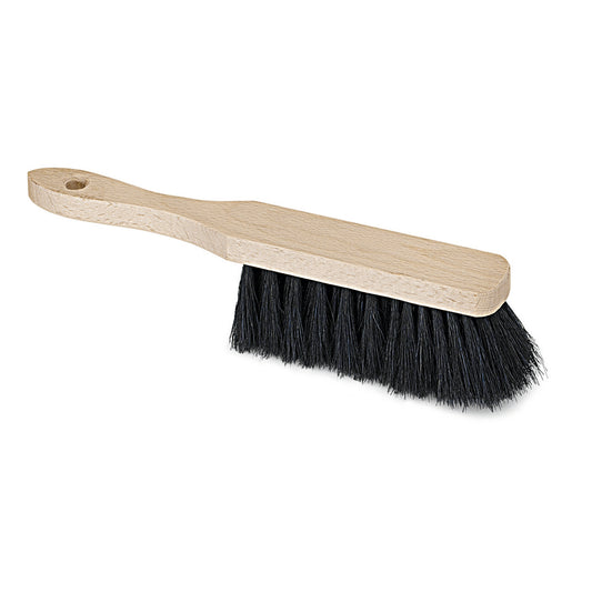 Der Nölle Profi Brush Industriehandfeger (28 cm) von Nölle Profi Brush Bürsten- & Pinseltechnik e.K. hat schwarze Naturhaar-Borsten und einen Holzstiel mit Aufhängeloch, abgebildet auf weißem Grund.