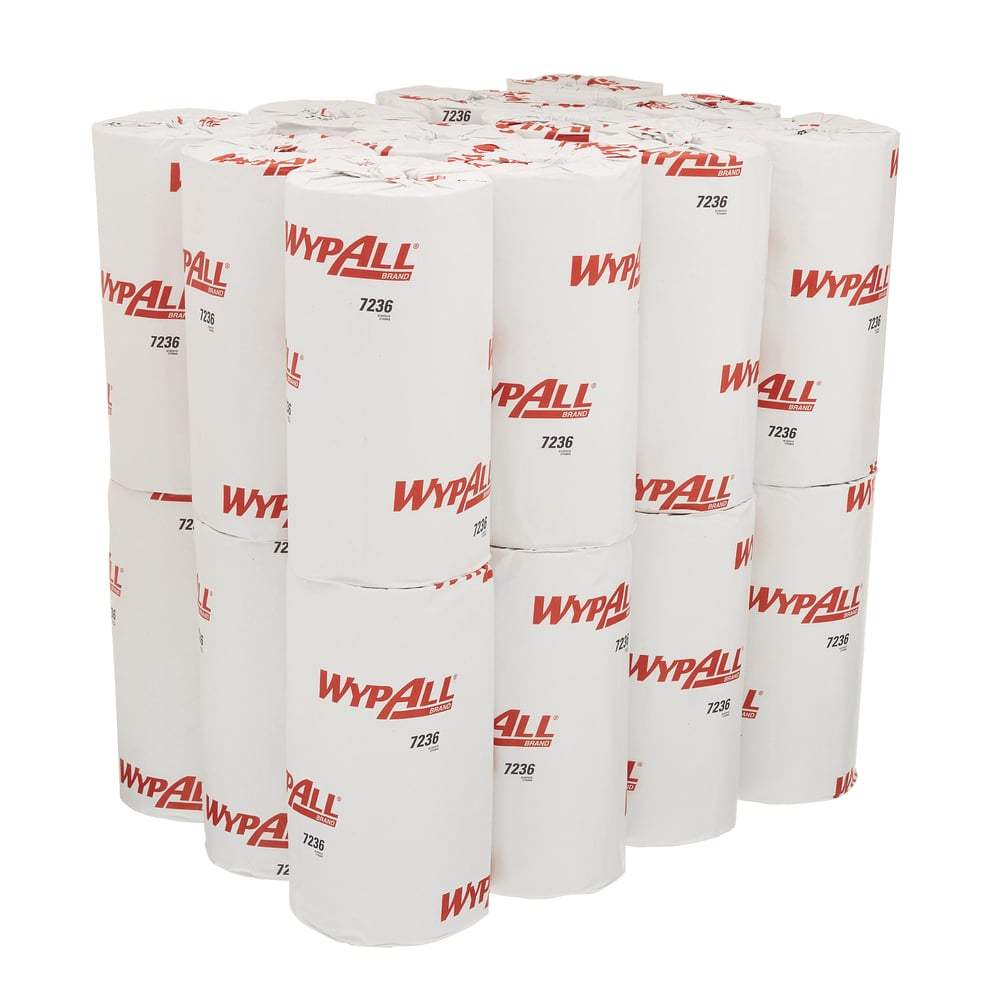 Un pachet cu 18 role mici de șervețele de hârtie WypAll® L10 (1 strat, 46 x 24 cm) de la Kimberly-Clark GmbH, marcat cu "WypAll 7236" în roșu - ideal pentru aplicații alimentare și igienice.