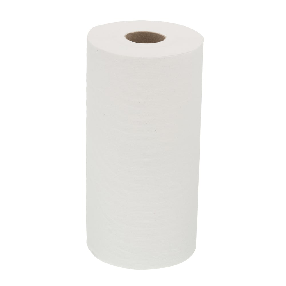 Un singur șervețel de hârtie WypAll® L10 pentru alimente și igienă în picioare (rolă mică, 1 strat, 46,00 cm x 24,00 cm) de la Kimberly-Clark GmbH cu un miez maro vizibil, ideal pentru curățenie și igienă, pe un fundal alb simplu.