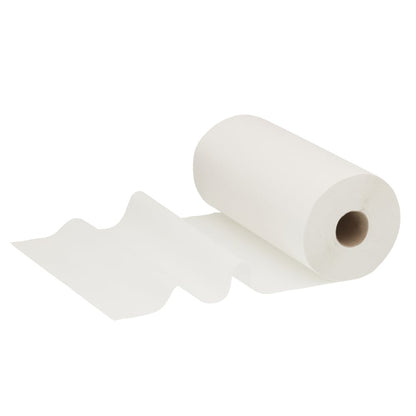Un șervețel de hârtie WypAll® L10 pentru alimente și igienă de la Kimberly-Clark GmbH, 1 strat (46,00 cm x 24,00 cm), este parțial derulat pe un fundal alb - șervețelul neted cu miez vizibil reprezintă cele mai înalte standarde de igienă.