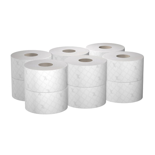 Zwölf Rollen Scott® ESSENTIAL™ Toilettenpapier von Kimberly-Clark GmbH mit je 474 Blatt sind für hygienische Waschräume sauber verpackt - ideal für alle, die zuverlässiges Toilettenpapier mit hohem Fassungsvermögen suchen.