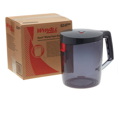 Un carton cu inscripția "WypAll® Reach™ Centrefeed Dispenser - Negru - 1 Dispenser" de la Kimberly-Clark GmbH este așezat lângă un dozator mare, translucid, gri de prosoape de hârtie cu capac și mâner negru, ambele pe un fundal alb.