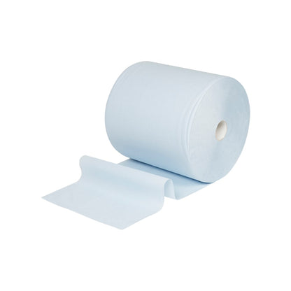 O rolă mare de șervețel de hârtie WypAll® L10 pentru suprafețe (rolă mare, extra lată: 38,00 cm x 32,50 cm) de la Kimberly-Clark GmbH, cu puțin hârtie derulată, ideală pentru curățarea suprafețelor, prezentată pe un fundal alb.