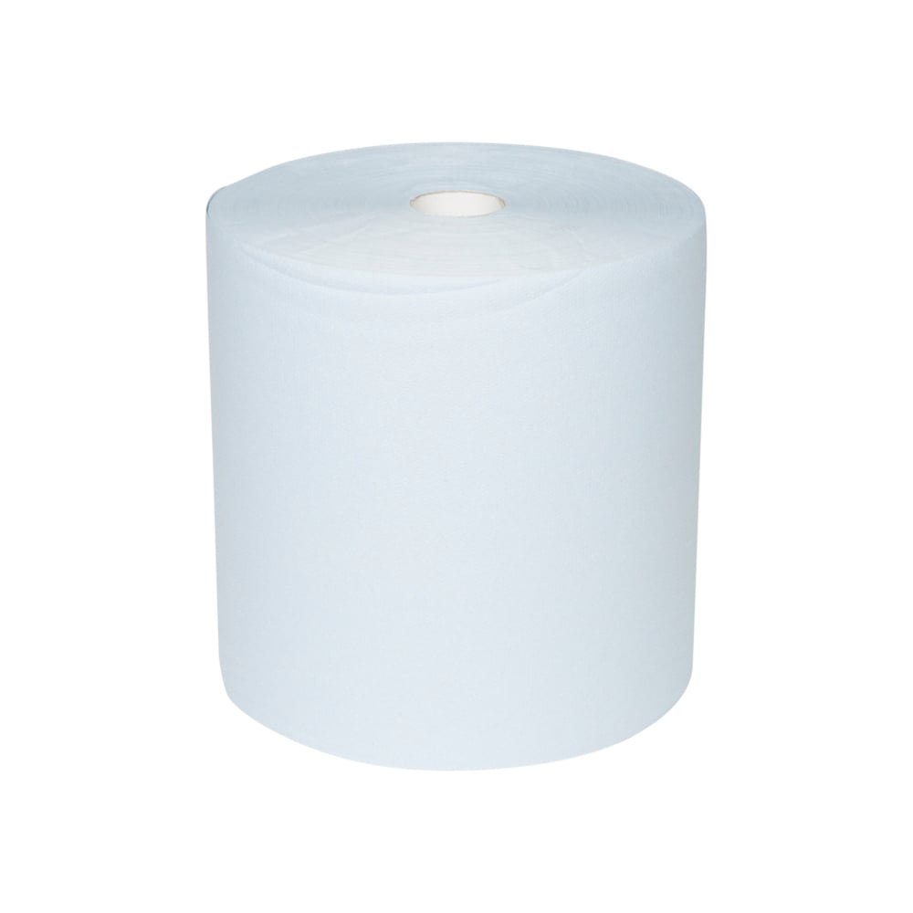 Un șervețel mare de hârtie WypAll® L10 pentru suprafețe, rolă mare (38,00 cm x 32,50 cm) de la Kimberly-Clark GmbH, stă vertical pe un fundal alb - ideal pentru curățarea suprafețelor datorită formei cilindrice extra late cu miez gol vizibil.