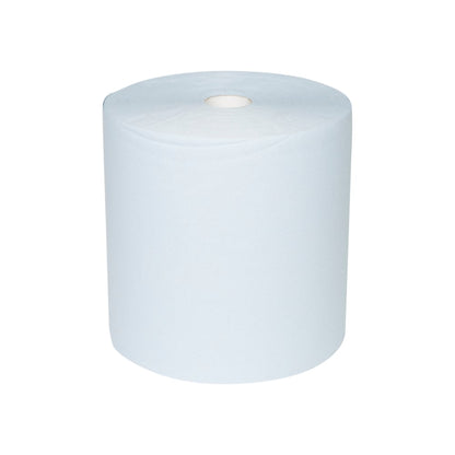 Un șervețel mare de hârtie WypAll® L10 pentru suprafețe, rolă mare (38,00 cm x 32,50 cm) de la Kimberly-Clark GmbH, stă vertical pe un fundal alb - ideal pentru curățarea suprafețelor datorită formei cilindrice extra late cu miez gol vizibil.