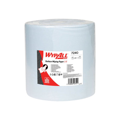 Șervețelul de hârtie WypAll® L10 pentru suprafețe, rolă mare de la Kimberly-Clark GmbH (38,00 cm x 32,50 cm) este extra lat și ambalat în folie clară; eticheta albă și roșie arată informații despre produs și simboluri pentru curățarea suprafețelor.