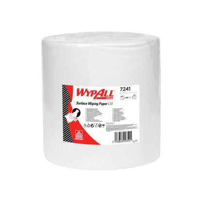 Șervețelul de hârtie WypAll® L10 pentru suprafețe - rolă mare (Kimberly-Clark GmbH) este o rolă albă extra lată (38,00 cm x 32,50 cm), perfectă pentru sarcini mari de curățare, cu o etichetă roșu-albă cu informații despre produs și instrucțiuni.
