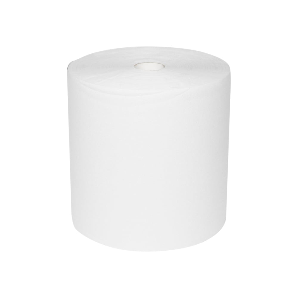 Un șervețel mare, alb, WypAll® L10 pentru suprafețe - rolă mare (extra lată, 38,00 cm x 32,50 cm) de la Kimberly-Clark GmbH stă vertical pe un fundal alb simplu și are un tub mic de carton în mijloc pentru o curățare eficientă.