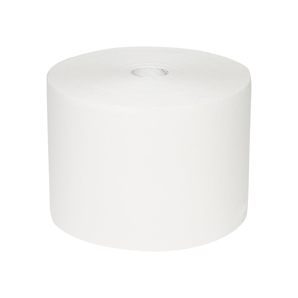 Șervețelul de hârtie WypAll® L10 pentru suprafețe nefolosit (rolă mare, 38,00 cm x 23,50 cm) de la Kimberly-Clark GmbH este prezentat pe un fundal alb; cilindric cu miez gol, perfect pentru curățarea temeinică a suprafețelor.
