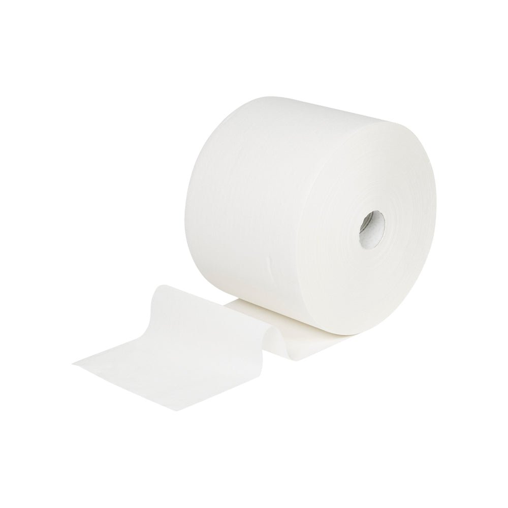 Un șervețel de hârtie WypAll® L10 pentru suprafețe de la Kimberly-Clark GmbH, rolă mare (38,00 cm x 23,50 cm), cu miez de carton vizibil pe un fundal alb - ideal pentru curățarea suprafețelor.
