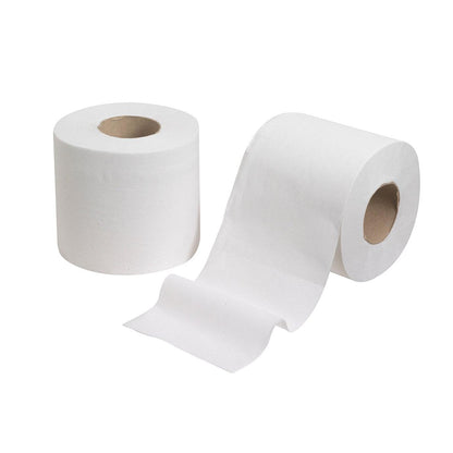 Sunt afișate două role de hârtie igienică Kleenex® albe (role mici, 2 x 200 de foi) de la Kimberly-Clark GmbH - una în picioare, alta parțial derulată - pe un fundal alb. Perfect pentru stocare cu opțiunea de articol de ieșire pachet de 24.