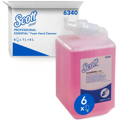 Săpunul spumant Scott® Essential™ pentru utilizare zilnică (1 L, roz, casetă) de la Kimberly-Clark GmbH este disponibil în cutie cu 6 cartușe - în total 6 litri de reumplere pentru igiena mâinilor dumneavoastră.