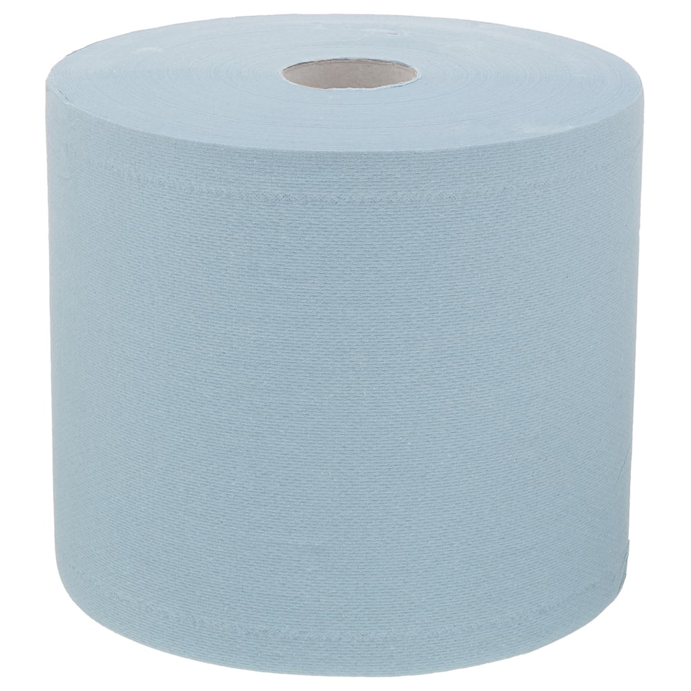 Șervețelul de hârtie WypAll® L20 pentru întreținere - rolă mare albastră (1 rolă x 500 șervețele) de la Kimberly-Clark GmbH stă vertical pe un fundal alb - ideal pentru sarcini de întreținere și curățare.