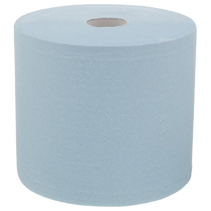 Șervețelul de hârtie WypAll® L20 pentru întreținere - rolă mare albastră (1 rolă x 500 șervețele) de la Kimberly-Clark GmbH stă vertical pe un fundal alb - ideal pentru sarcini de întreținere și curățare.