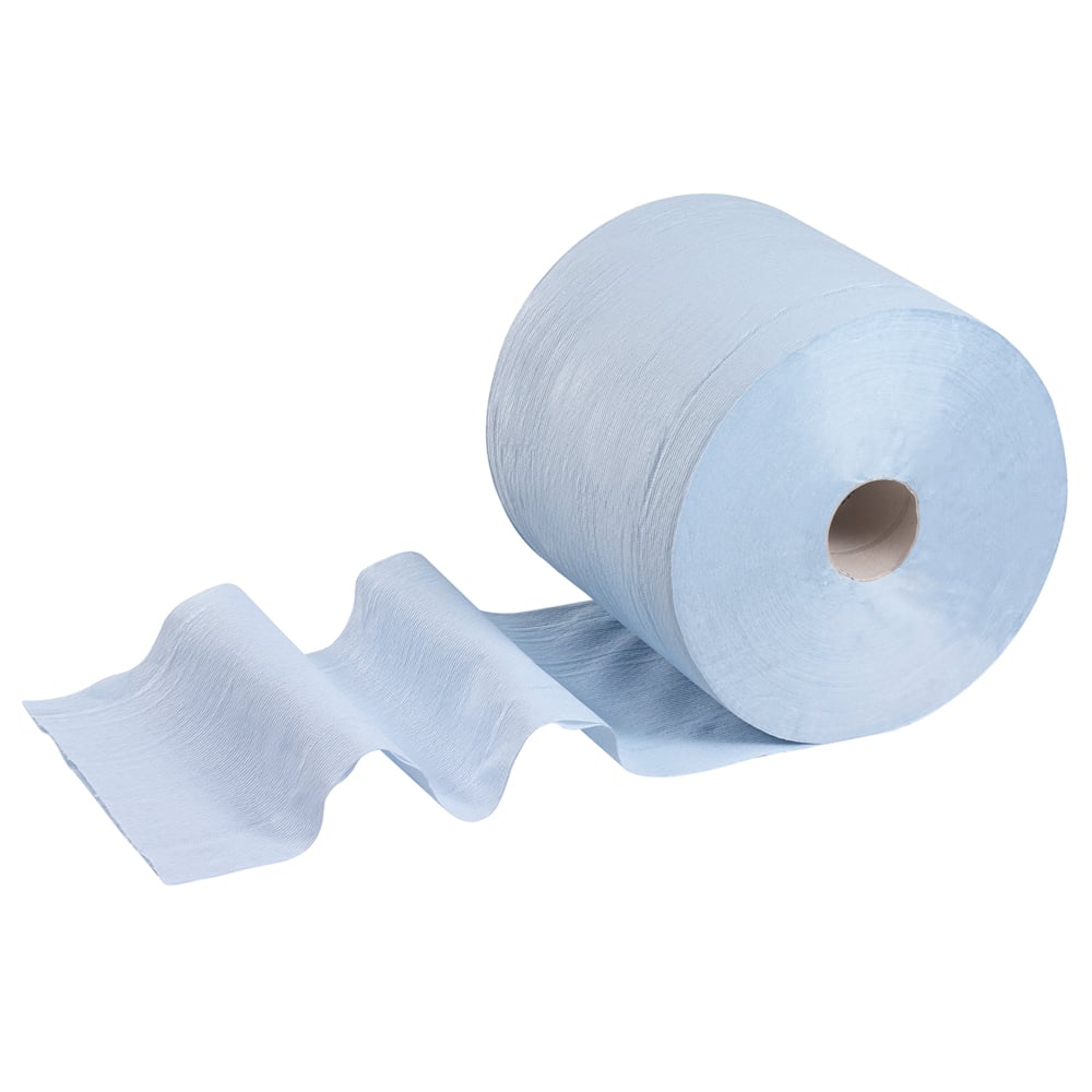 O rolă mare de șervețel de hârtie WypAll® L20 pentru întreținere de la Kimberly-Clark GmbH - rolă mare, albastră, 1 rolă x 500 foi, este parțial derulată pe un fundal alb - perfectă pentru lucrări de întreținere.