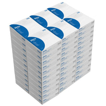 Ein großer Stapel Auslaufartikel: Kleenex® Wischtücher Interfold Weiß von Kimberly-Clark GmbH - 66 Kartons × 80 Blatt pro Karton, mit blauer Beschriftung und ideal für die hygienische Reinigung.