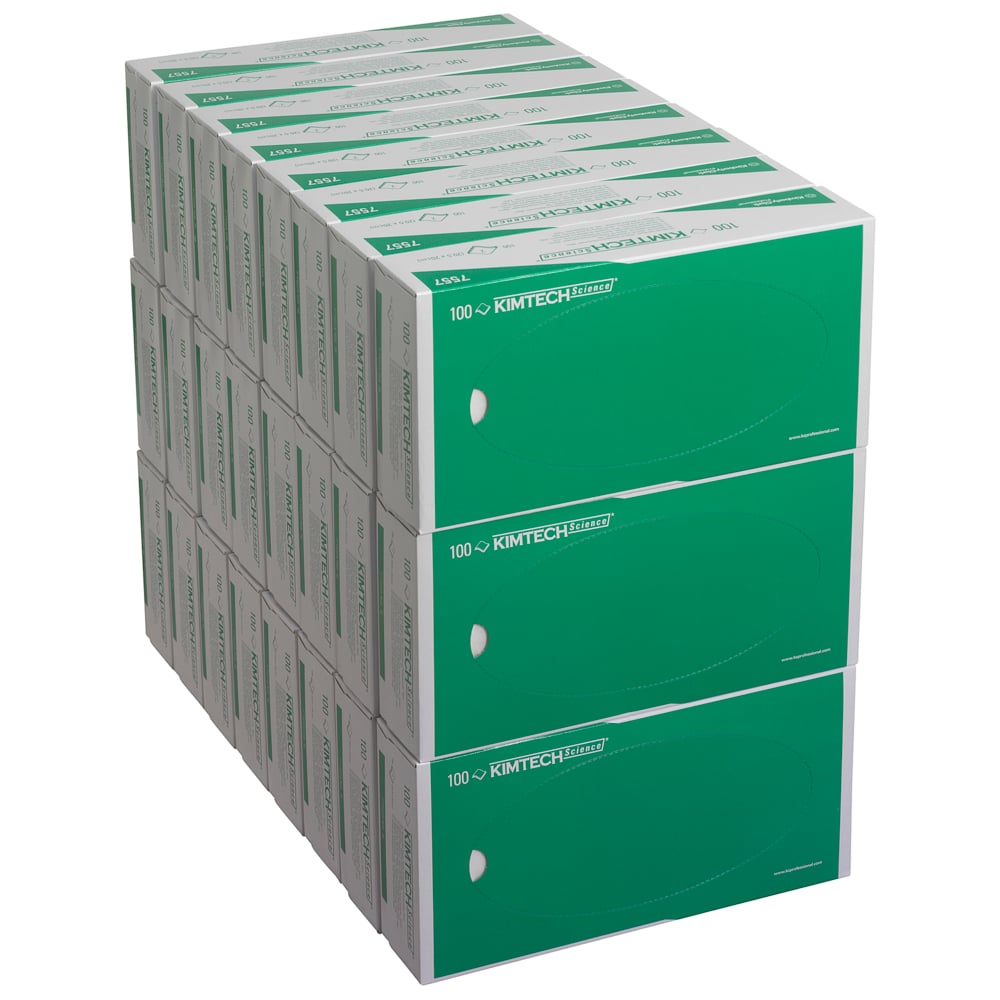Ein Stapel von 24 Kimberly-Clark Kimtech® Science Präzisionswischtücher-Boxen, weiß 2-lagig mit "100" Branding - perfekt für Labore, die neben Schutzhandschuhen auch hochwertige Präzisionswischtücher benötigen.