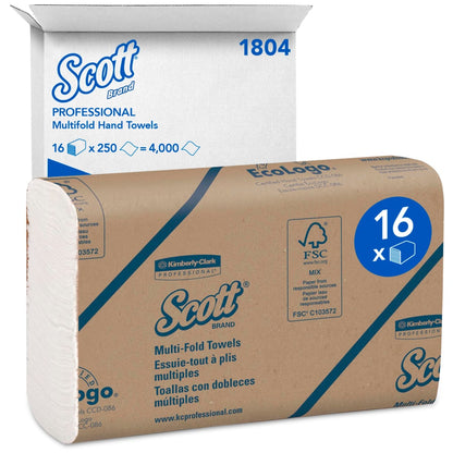 Un carton alb de expediere cu inscripția "Prosoape Scott® - MultiFold / Alb" de la Kimberly-Clark GmbH conține 16 pachete a câte 250 de foi (în total 4.000 de prosoape) și oferă uscarea igienică a mâinilor în format multipack practic.