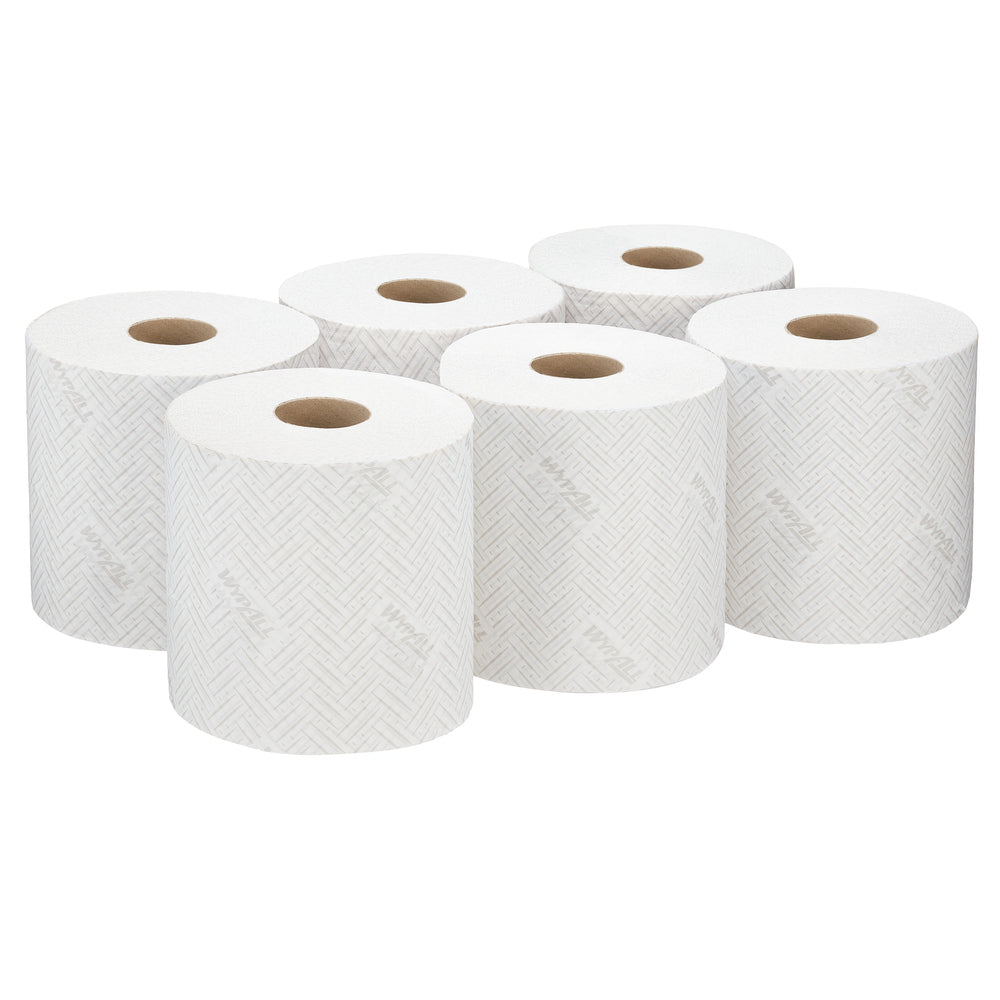 Sechs weiße Rollen WypAll® L10 Papierwischtuch für Lebensmittel & Hygiene von Kimberly-Clark GmbH (6 x 800 Blatt) sind übersichtlich auf weißem Untergrund angeordnet, ideal für die Zentralentnahme in Küchen oder als Hygienetücher für Lebensmittelbereiche.