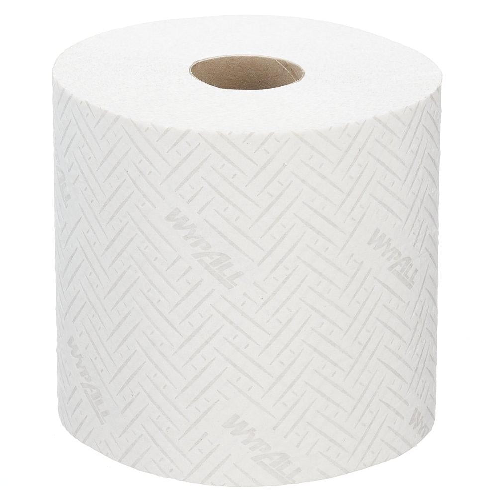 Das WypAll® L20 Papierwischtuch für Instandhaltungsarbeiten von Kimberly-Clark GmbH, weiße Prägerolle mit Zentralspender, bietet 6 Rollen zu je 400 Blatt - ideal für Reinigungslösungen und Wartungsarbeiten.