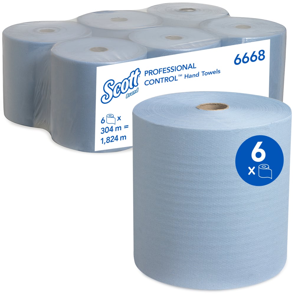 În imagine este un pachet de șase prosoape de hârtie albastre Scott® - rolă de la Kimberly-Clark GmbH; o rolă în față, restul ambalate. Fiecare rolă are dimensiunea de 304 m x 19,8 cm, adică în total 1.824 m de prosoape de hârtie profesionale și sustenabile.