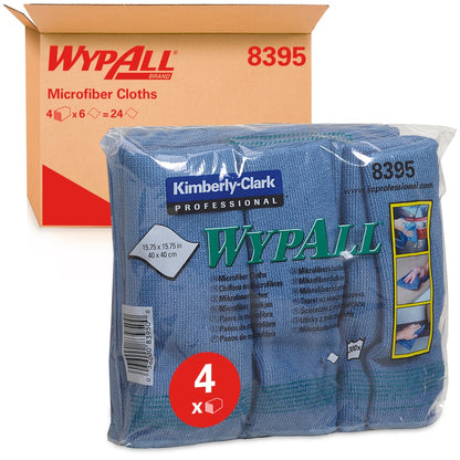 Eine Packung mit vier blauen WypAll® Mikrofasertüchern (flaches Tuch, 40 x 40 cm) der Kimberly-Clark GmbH ist in einer durchsichtigen Verpackung vor einem braunen Karton mit der Aufschrift "WypAll 8395" abgebildet. Jedes Mikrofasertuch misst etwa 15,75 x 15,75 cm.