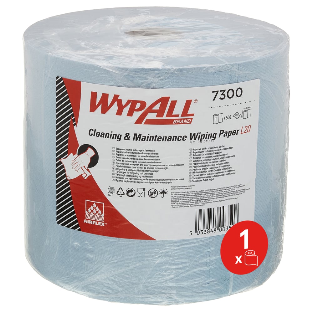 Șervețelul de hârtie WypAll® L20 pentru întreținere, rolă mare albastră de la Kimberly-Clark GmbH conține 1 rolă cu 500 de șervețele, este ambalat în folie și are o etichetă cu informații despre produs; un simbol roșu indică conținutul rolei individuale.