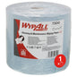 Șervețelul de hârtie WypAll® L20 pentru întreținere, rolă mare albastră de la Kimberly-Clark GmbH conține 1 rolă cu 500 de șervețele, este ambalat în folie și are o etichetă cu informații despre produs; un simbol roșu indică conținutul rolei individuale.