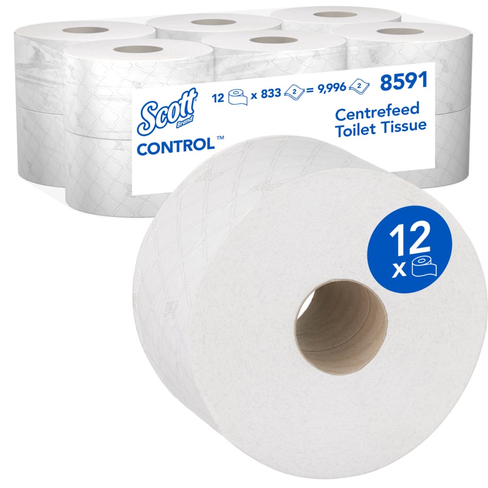Eine Schachtel mit Kimberly-Clark Scott® Control™ Toilettenpapier - Zentralentnahme, enthält 12 weiße Rollen à 833 Blatt (Gesamt: 12 x 833), Produktnummer 8591, ideal für professionelle Umgebungen.