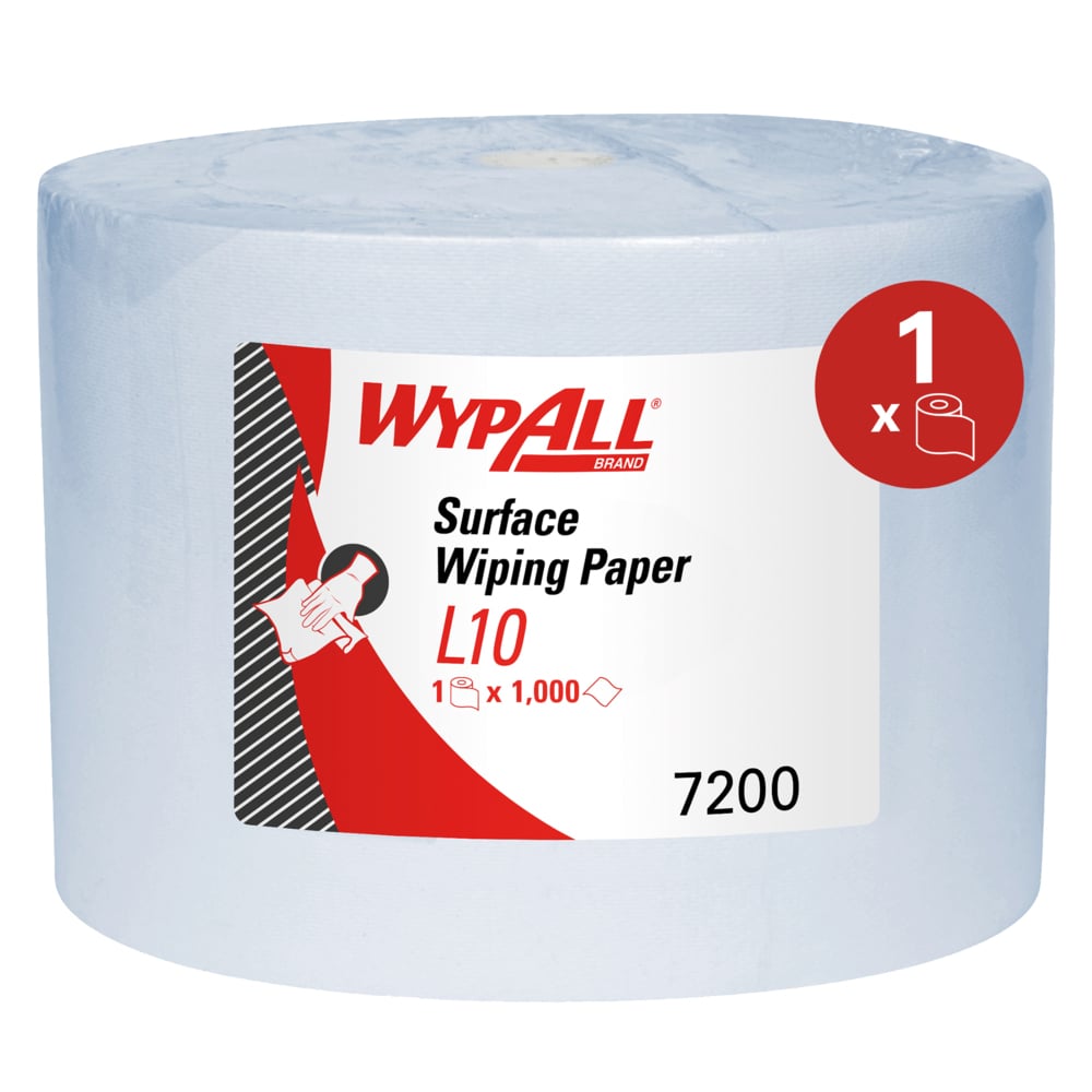 O singură rolă mare de șervețele de hârtie WypAll® L10 pentru suprafețe de la Kimberly-Clark GmbH (38,00 cm x 23,50 cm) cu etichetă albă și roșie, cod produs 7200, conține 1.000 de foi pentru o curățare eficientă a suprafețelor.