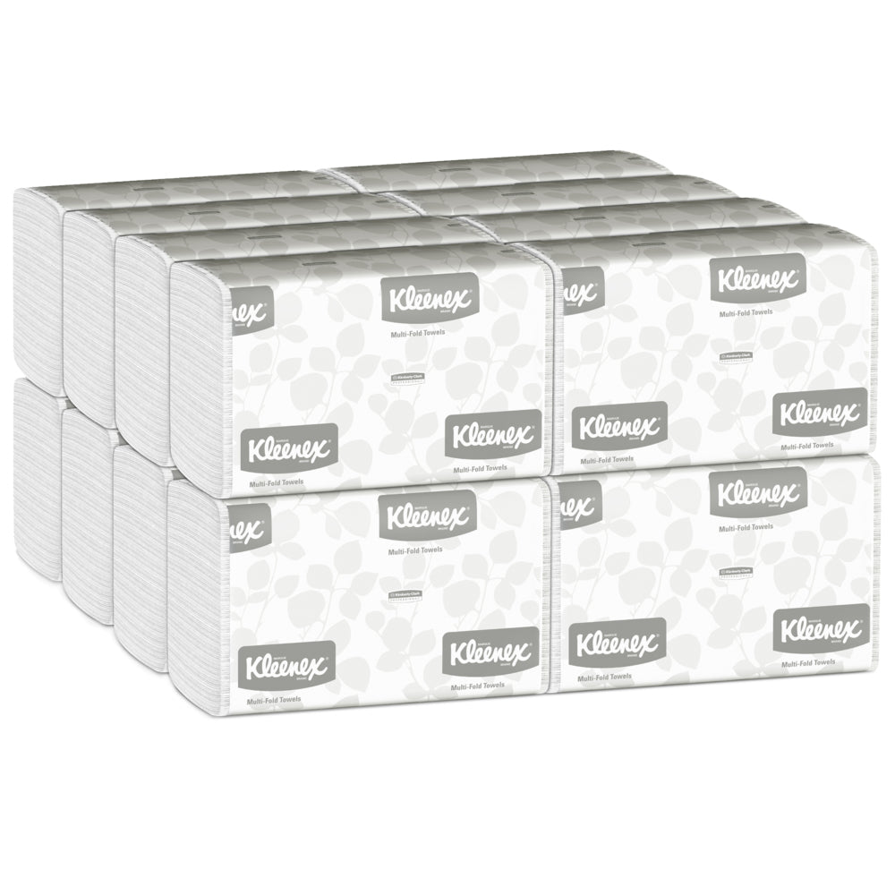 Ein Karton mit 16 Packungen Kleenex® Handtücher MultiFold Weiß, jeweils mit Kleenex-Logo und hellgrauem Muster, von Kimberly-Clark GmbH - ideal für Waschräume, die zuverlässige multifaltbare Handtücher benötigen (16 x 150 Blatt).