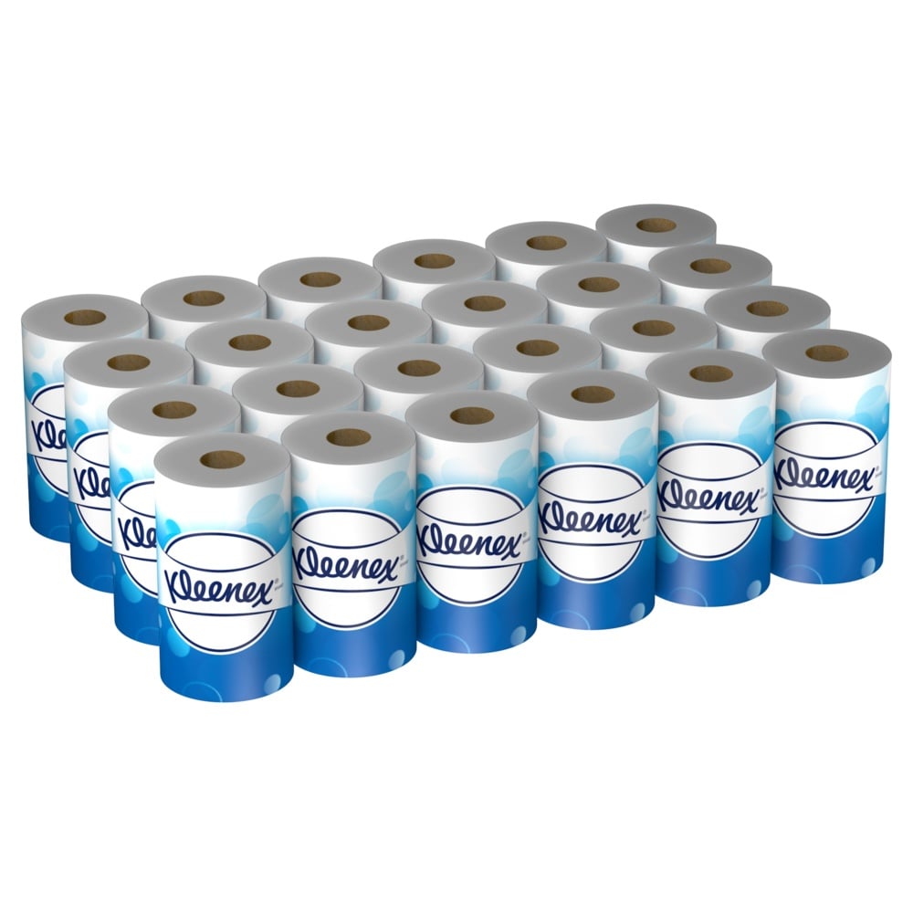 24 de pachete cu articole de ieșire: role de hârtie igienică Kleenex® (Kimberly-Clark GmbH) cu câte 2 role mici albe (200 de foi) sunt aranjate în patru rânduri de câte șase. Ambalajul albastru afișează sigla Kleenex pe fiecare rolă.