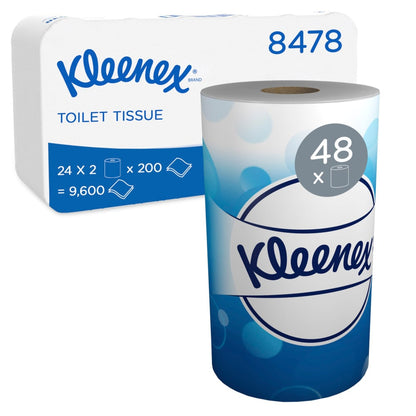 Un pachet cu articole de ieșire: role de hârtie igienică Kleenex® (Kimberly-Clark GmbH) cu 24 de pachete, fiecare cu 2 role mici albe, 200 de foi pe rolă - în total 9.600 de foi. Numărul de produs 8478 și sigla Kleenex sunt afișate.