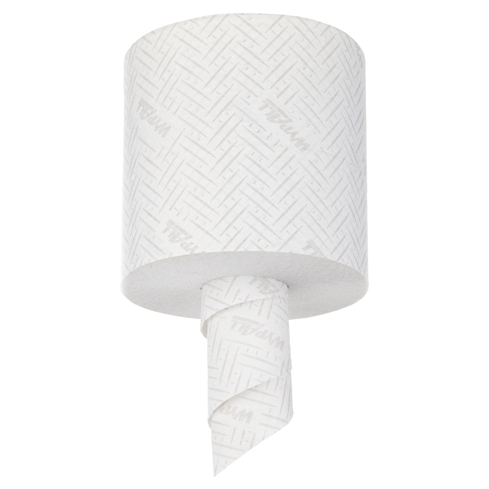 O rolă albă de șervețele de hârtie WypAll® L20 (Kimberly-Clark GmbH) pentru lucrări de întreținere este suspendată vertical; suprafața sa texturată, ușor marcată, este vizibilă și capătul liber se desfășoară în jos. Ambalaj: 6 role x 400 foi, extragere centrală.