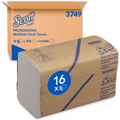 Un pachet de prosoape Scott® - MultiFold / Alb de la Kimberly-Clark GmbH este ilustrat în fața unei cutii care este etichetată cu marca, numele produsului și 16 pachete a câte 250 de foi.
