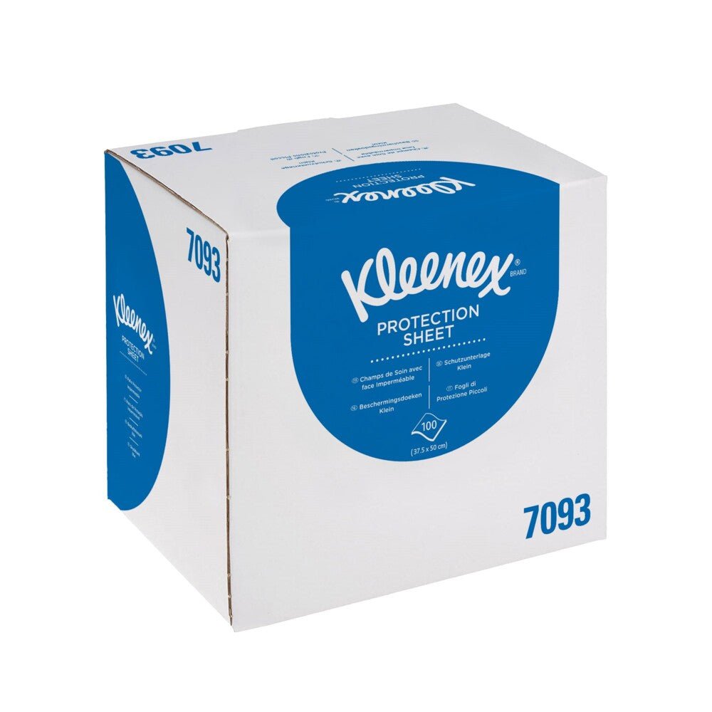Un carton verde, neînchis, cu inscripția "Kleenex® role de medic" de la Kimberly-Clark GmbH conține 4 cutii distribuitoare cu câte 100 de foi - ideal pentru expediere, depozitare și utilizare în unități medicale.