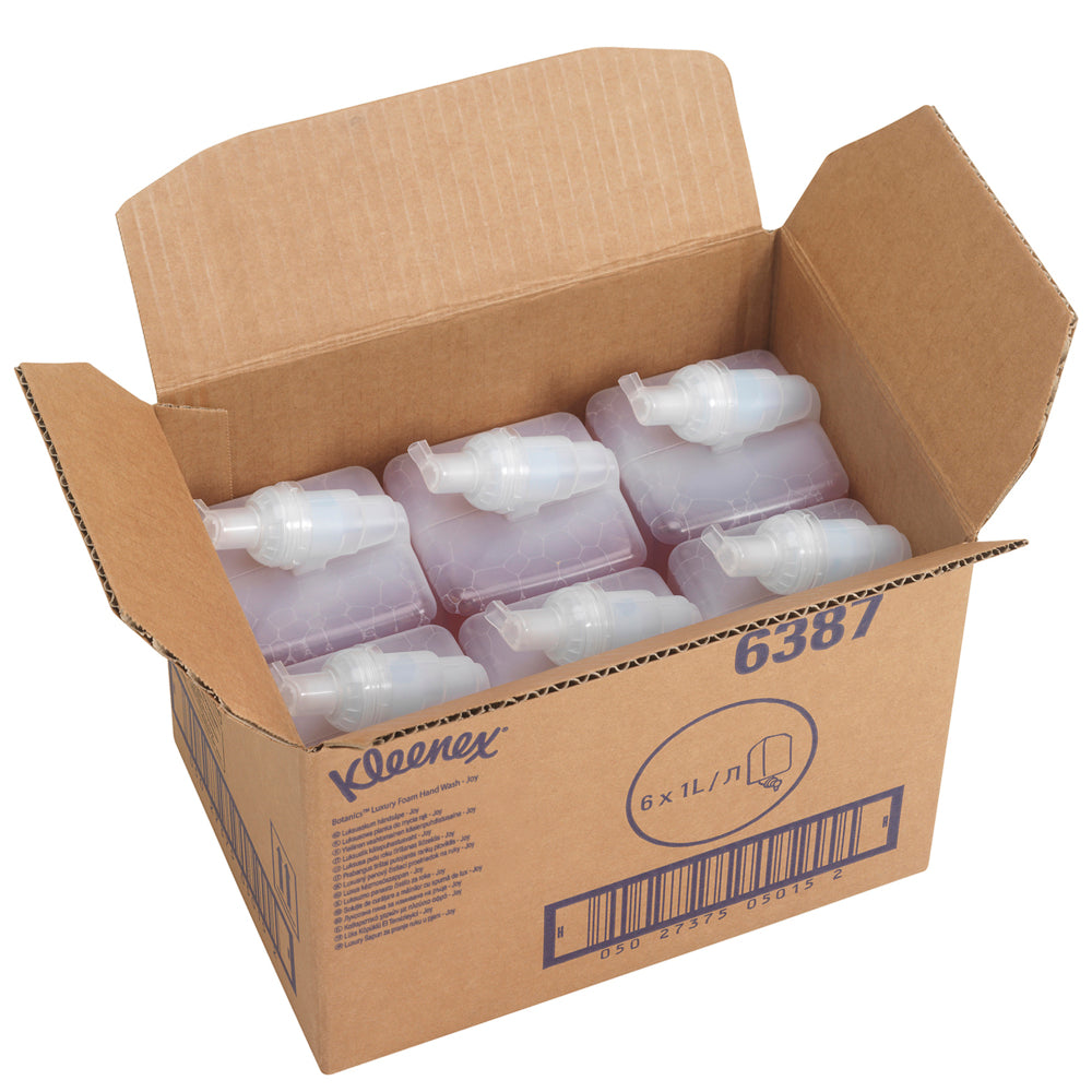 Ein geöffneter Karton mit der Aufschrift "Kleenex® Botanics™ Luxury Foam Hand Wash" von Kimberly-Clark GmbH enthält sechs rote 1-Liter-Nachfüllkassetten (Kartuschen). Der Karton zeigt einen Barcode und die Produktnummer 6387.