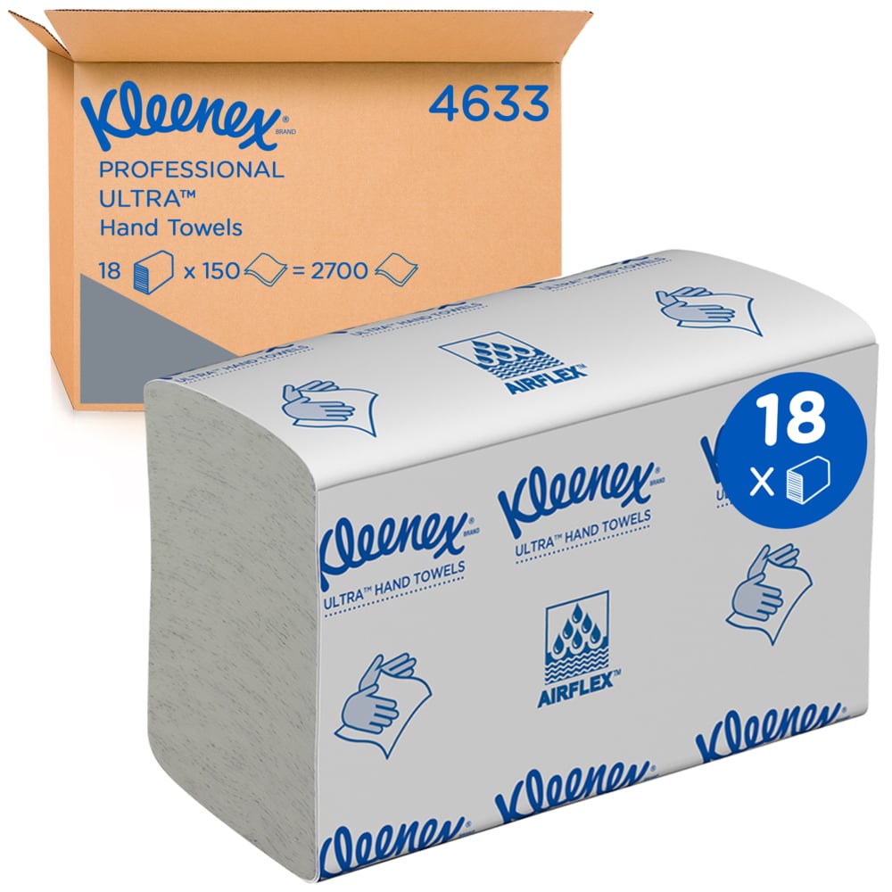 Imaginea arată un pachet mare de șervețele de mână Kleenex® Ultra™ MultiFold în alb, mic, 18 pachete x 150 foi de la Kimberly-Clark GmbH: un pachet ambalat în fața unei cutii cu informații despre produs și specificațiile șervețelelor de hârtie MultiFold.